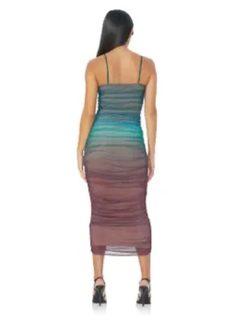 Strappy Sheer  Ombre Ruched Midi Dress in Teal to Plum - Picture 3 of 6